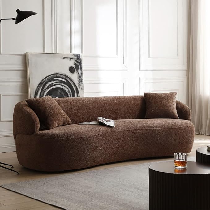Curved Sofa Couch 86.6 3-Seater Modern Boucle Sectional Couch Comfy Cloud Upholstered 3 Seat Leisure Cushion Sofa with Pillows for Living Room Bedroom Office ApartmentBrown