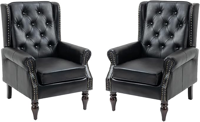 Wingback Chairs Set 2Mid Century PU Leather Accent Chair with Sturdy Wood Legs and High Back Single Sofa Club Armchair Chair for Living RoomBedroomOfficeBlack
