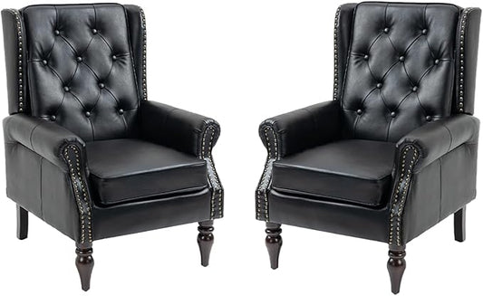 Mid-Century Wingback Chairs Set of 2Faux Leather Accent Chairs Armchair with ButtonsModern Living Room Chairs with Rivet DecorationSingle Sofa Chair for BedroomClubHome Reception (Black)