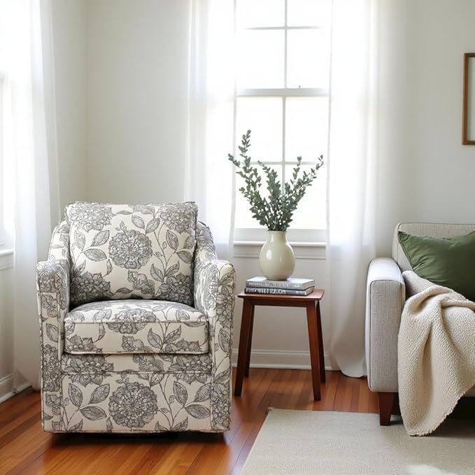 Floral Swivel Accent Chair Oversized Wide Armchair with Upholstered Seat Solid Wood Frame 360° Rotation for a Living Room
