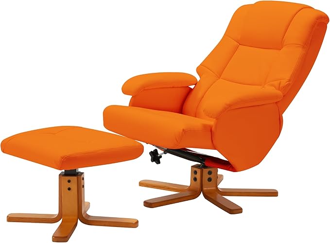 Swivel Recliner with Ottoman Reclining Chair and Footrest PU Leather Upholstered Chair Ottoman Set with Wrapped Base for Living Room Bedroom and Home Office Orange