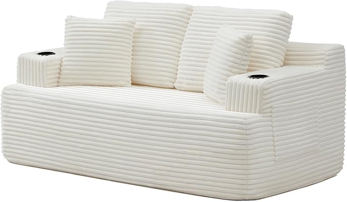 Loveseat Sofa Cloud Boneless Couch Corduroy Upholstered Deep Seat Beanbag Sofa Chair with Cup Holder &ampSide Pocket Modern Comfy Compression Memory Foam Couch for Living Room Bedroom(66.5 W Bei
