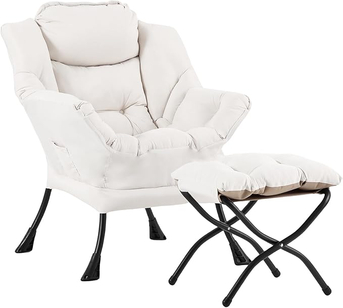 LITA Lazy Chair with Ottoman Modern Accent Leisure Upholstered Sofa Contemporary Lounge Reading Chair with Armrests and a Side Pocket for Living Room Bedroom &amp Small Space Beige