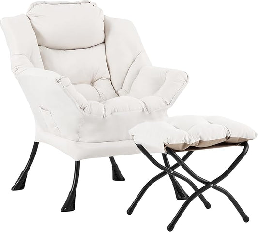 LITA Lazy Chair with Ottoman Modern Accent Leisure Upholstered Sofa Contemporary Lounge Reading Chair with Armrests and a Side Pocket for Living Room Bedroom &amp Small Space Beige