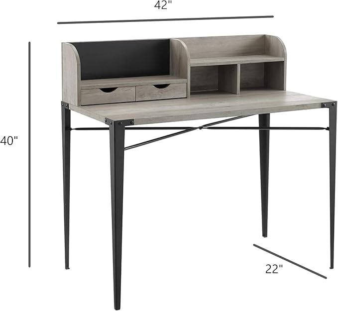 Industrial Modern Wooden Secretary Office Desk with Hutch - Grey Wash 42