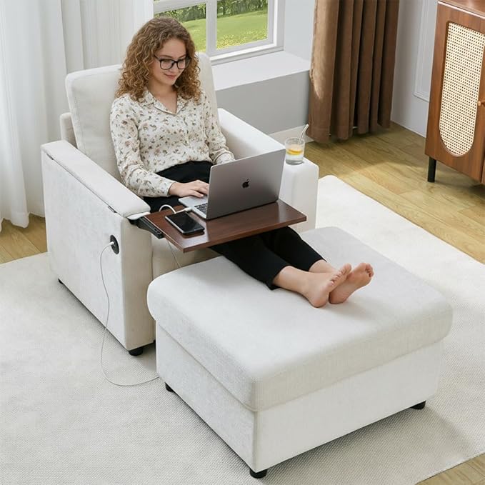 Modern Accent Chairs with Storage Ottoman Set Comfy Chenille Reading Armchair with Tray Table and Charging Port Chaise Lounge Chair for Living Room Bedroom Study Apartment Beige