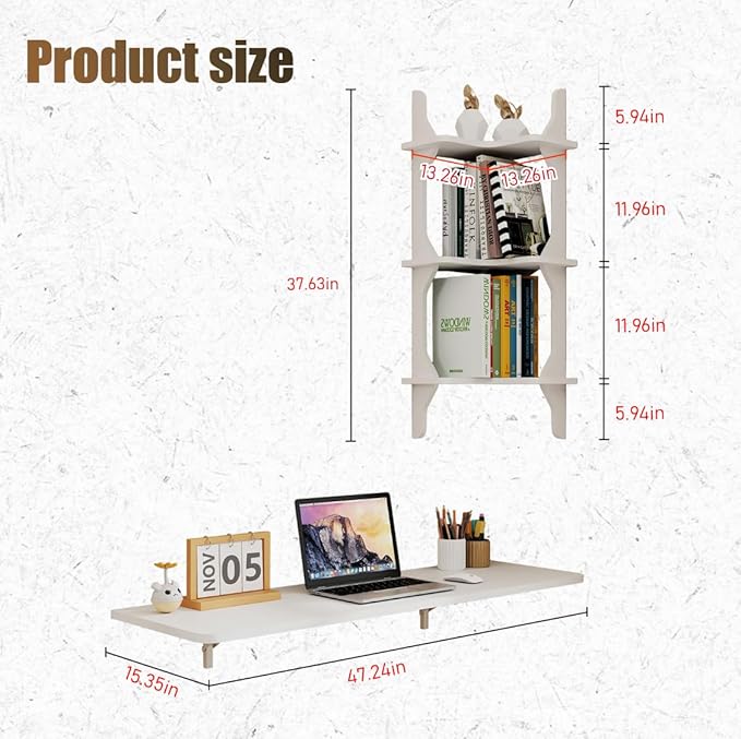 Wall Mounted Drop-Leaf Table Floating Laptop Desk Folding Table with Shelves Multifunctional Computer Workstation with Storage Compartments in Home Office for Space Saving (Rustic Oak)