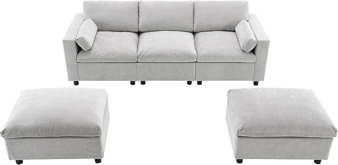 kevinplus 86.5'' Sectional Sofa Couch with Ottoman for Living Room Modern Contemporary 3-Seat Sectional Sofa Couch for Apartment Chenille Fabric Gray
