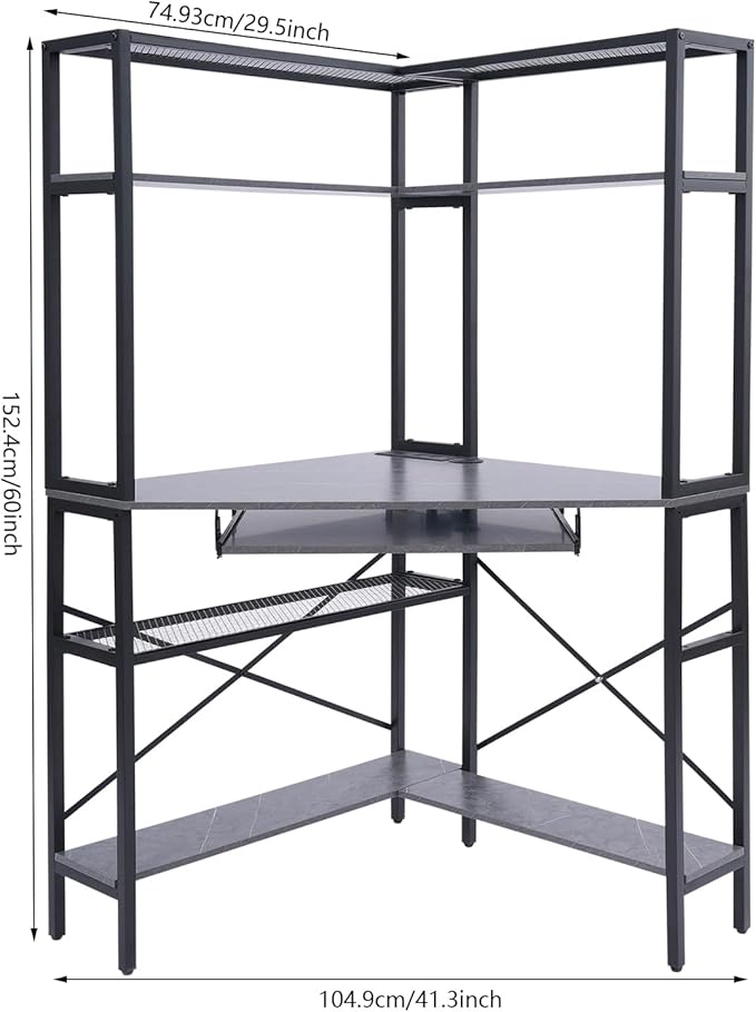 Corner DeskComputer Desk with Keyboard Tray with Power OutletsGaming Desk with LED LightTriangle Corner Desk Workstation with Bookshelves for Home Office Bedroom (Gray)