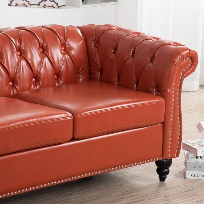 84 Chesterfield Couch PU Leather Modern Rolled Arm Tufted Back 3 Seater Sofa Upholstery Nailhead Trim Couches for Living Room Office (Orange)