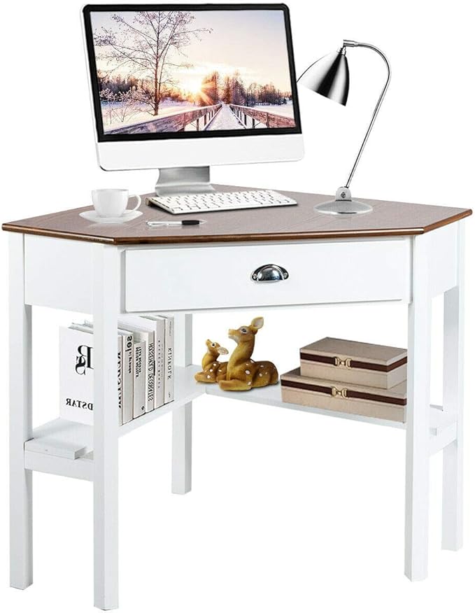 Corner Desk Compact Home Office Corner Desk Organizer90 Degrees Triangle Computer Laptop Writing Table for Small Spaces with Storage Shelf and Drawer (Natural)