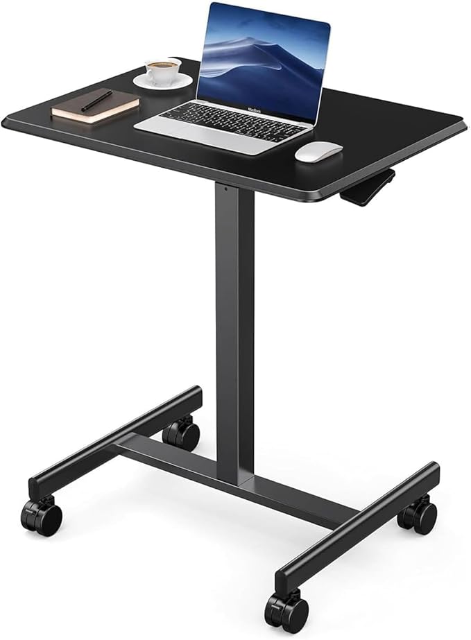 DUMOS Small Standing Desk Mobile Portable Rolling Laptop PC Table on Wheels Adjustable Height Computer Workstation for Home Office 19 Inch Black