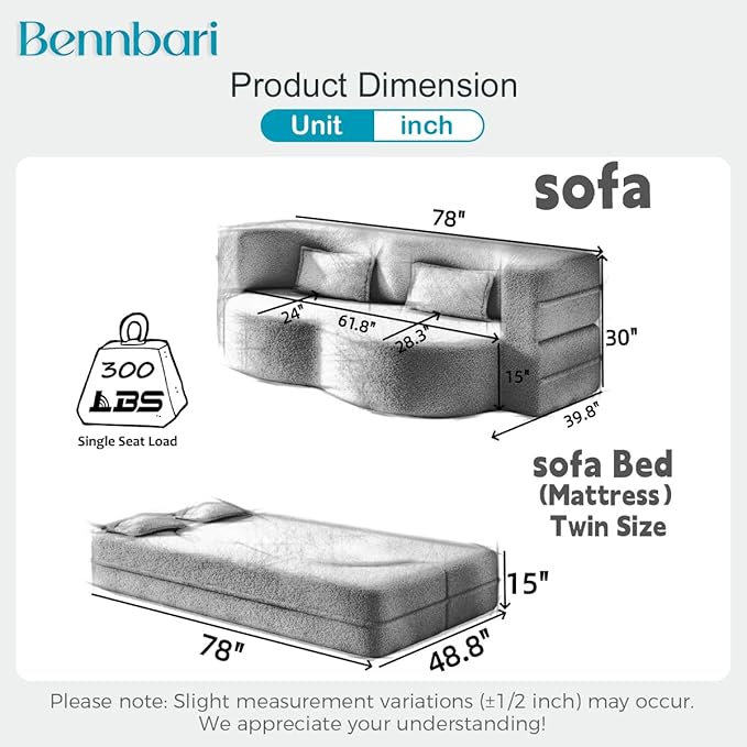 2 in 1 Convertible Sleeper Sofa Bed 15 Thick Twin Size Folding Floor Couch with 2 Pillows Teddy Fabric Foam-Filled Futon Loveseat for Living Room Guest Use Office &amp Apartment (Beige)
