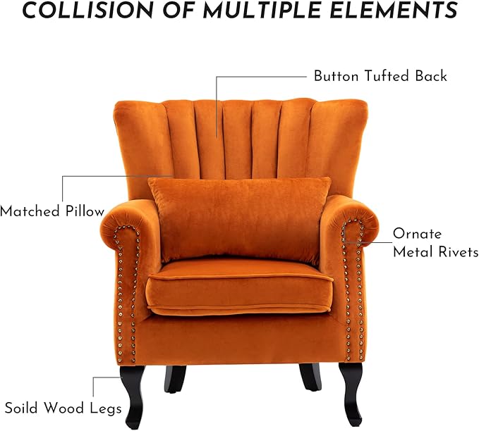 Accent Reading Arm Chairs Set of 2 Midcentury Modern Comfy Corner Sofa Chair Wingback Waiting Room Club Chair with Tufted Back for Living Room/Bedroom/Reception Room Velvet Orange