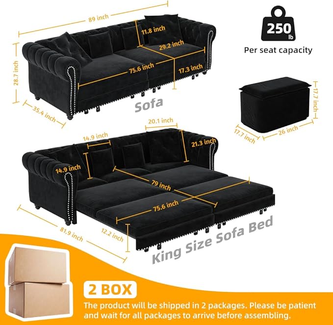 89'' King Size Velvet Convertible 3-in-1 Pull-Out 3 Seater Tufted Sleeper Sofa Bed with Movable Ottoman Fold Out Couch for RV Small Spaces Hide-A-Bed Space-Saving Black