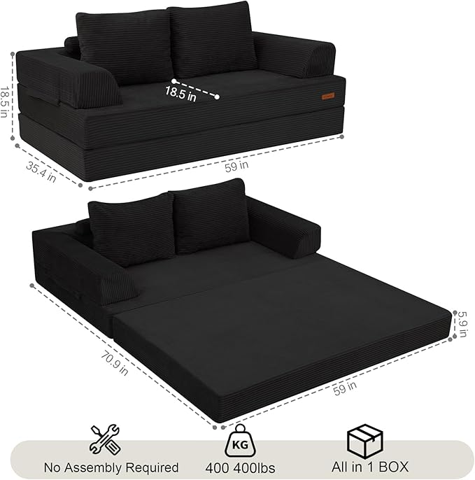 COMAX Futon Sofa Bed Convertible Folding Sofa Bed Boneless Couch Loveseat Corduroy with Pillows Small Foldable Floor Couch Comfy Lounge Sleeper for Living Room Bedroom Black