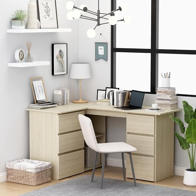 L-Shaped Writing Desk Corner Computer Desk with Drawer and Shelves 57.1in Study Table Workstation for Home Office Multipurpose PC Laptop Table Work Table Office Desk (Brown)