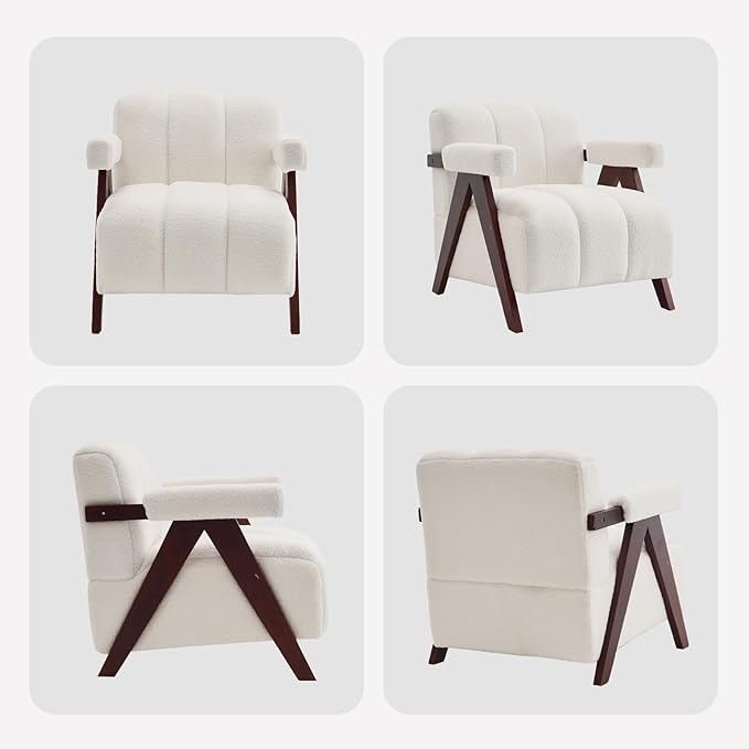 Accent Chairs Set of 2 Mid-Century Modern with Wide Backrest for Bedroom Upholstered Living Room Chair with Wooden Lounge Armchair with Thick Cushion Cute Teddy Comfy Chair Ivory