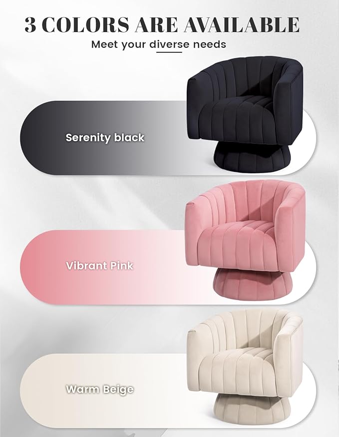 Kromax Swivel Accent Chair with Armrest Mid Century 360 Degree Swivel Barrel Chair Overstuffed Tufted Velvet Ideal for Living Room Bedroom Reading Room Black
