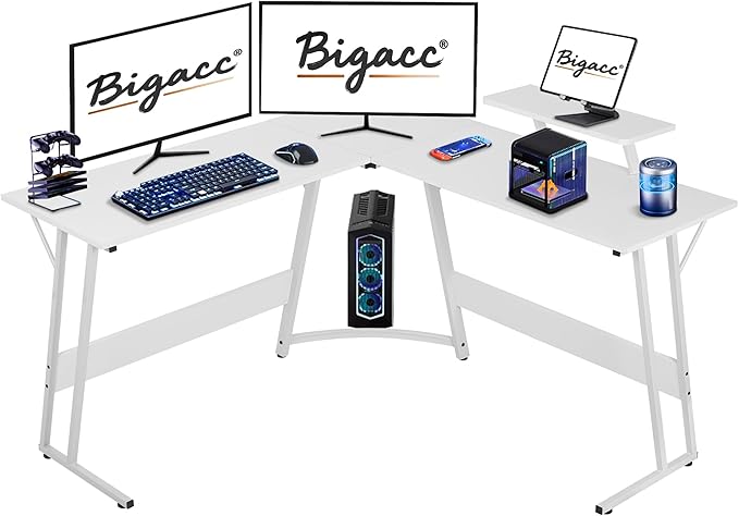 Bigacc L Shaped Gaming Desk 50 Corner Desk Spacious Dual Tops P2 Particleboard Metal Z-Legs Adjustable Non-Slip Pads Scratch/Waterproof Multi-Use Home Office/Game Room/Dorm