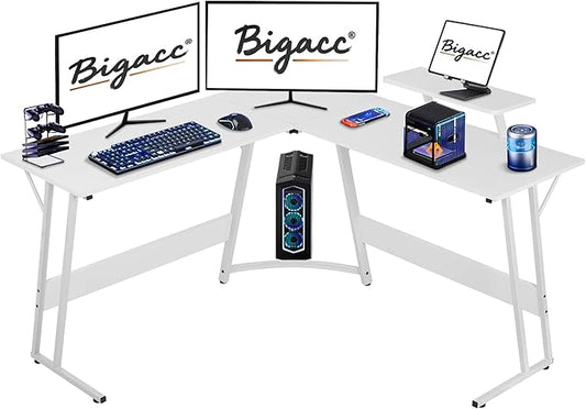 Bigacc L Shaped Gaming Desk 50 Corner Desk Spacious Dual Tops P2 Particleboard Metal Z-Legs Adjustable Non-Slip Pads Scratch/Waterproof Multi-Use Home Office/Game Room/Dorm