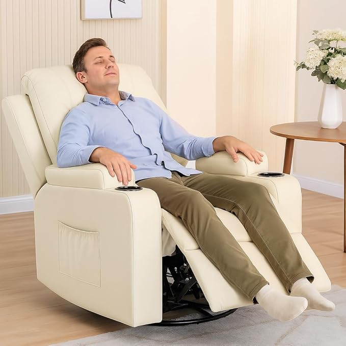 COMHOMA Recliner ChairPU Rocking Chair for AdultsSwivel Recliner with Cup HoldersSingle Sofa Seat with Side Pockets for Living RoomBedroom(White)