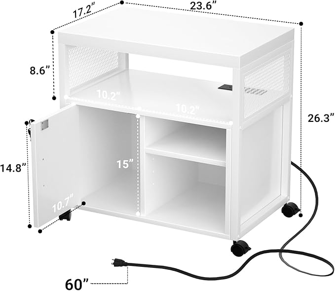 Unikito Rolling File Cabinet Lateral Office Filing Cabinets with Socket and USB Charging Port Modern Printer Stand on Wheels Printer Cabinet with Door and Open Storage Lockable White