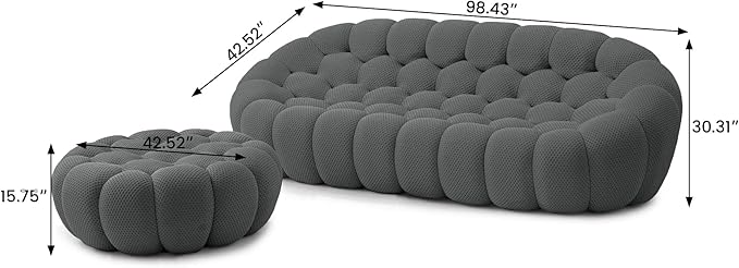 JACH Bubble Sofa with Ottoman Curved Couch Comfy Upholstered Sofa Mesh Fabric 3D Honeycomb Shape Modern Couch for Living Room Office Apartment Small Space (Grey)