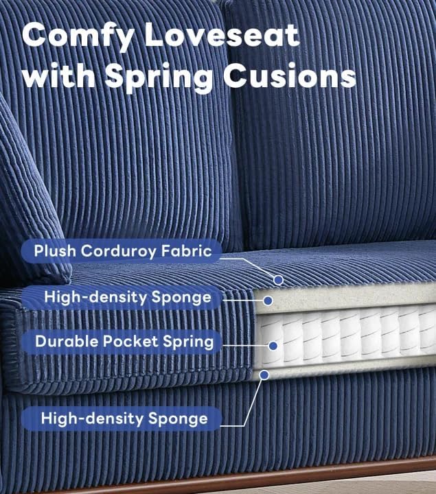 Tbfit Corduroy Couch for Living Room Mid Century Modern Sofa with Spring Cusions for BedroomComfy Upholstered Couches Easy Assembly with Solid Wood Legs &amp 2 Pillows (Blue 65inch)