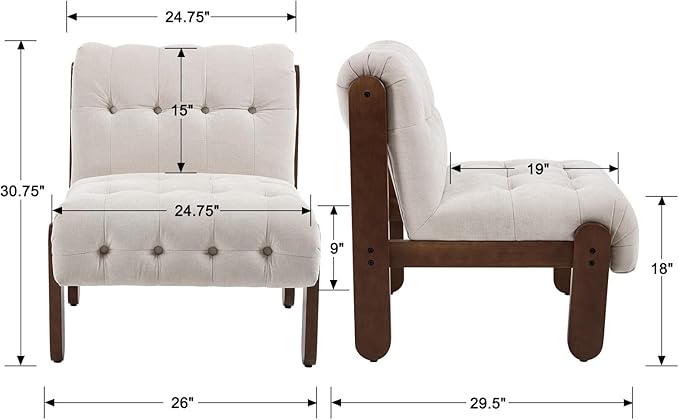 Modern Armless Accent Chair Set of 2 for Living Room Beige Linen Button Tufted Upholstered Lounge Reading Chair with Walnut Wood Frame