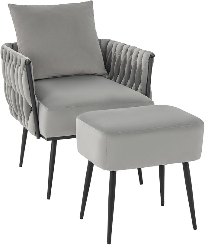 Giantex Velvet Accent Chair with Ottoman Modern Comfy Arm Chair w/Solid Metal Frame Pillow Max Load 330 Lbs Upholstered Single Sofa Chair w/Footrest Reading Chair for Bedroom Living Room Grey