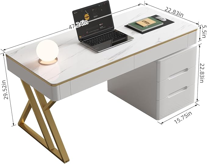 Executive Desk with Drawers White Computer Desk with Drawers with Tempered Glass Top &amp Marble Pattern 47 inch Modern Home Office Desk with Charging Station for Study Living Room Bedroom