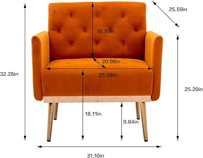 Modern Accent Chair Upholstered Single Sofa Arm Chair for Living Room and Bedroom Upholstered Comfy Armchair Chair with Solid Tapered Metal Legs (Orange)