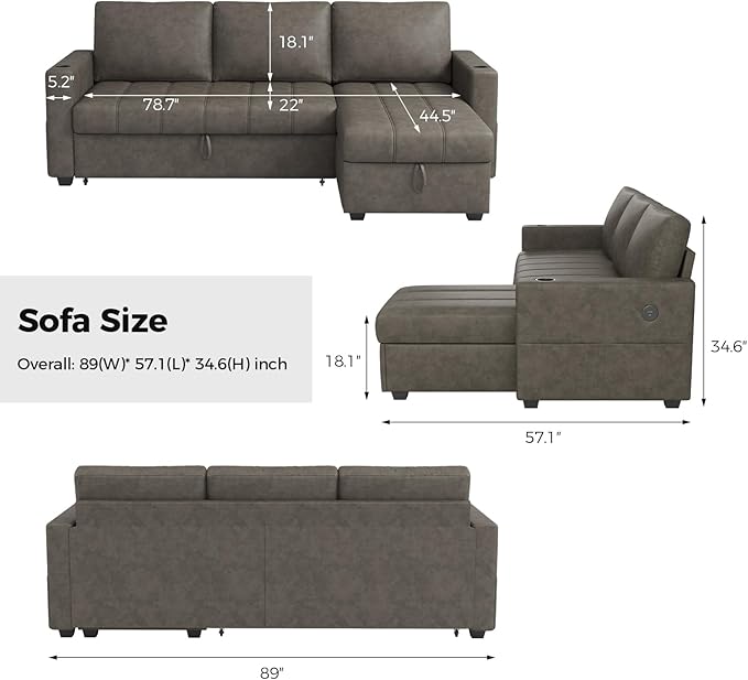 89 inch L-Shaped Sectional Sofa Sleeper with Storage Space &amp Side Pocket Anti-Scratch Faux Leather Couch Bed with USB Port &amp Cup Holder Modern Piano Design Pull Out Bed for Living Room