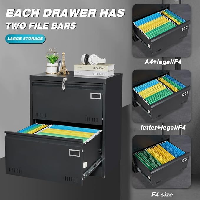 File Cabinet 2 Drawer Metal Filing Cabinet with Lock Office Lateral Filing Cabinets for Letter/Legal/F4/A4 Size File Cabinets for Home Office Black