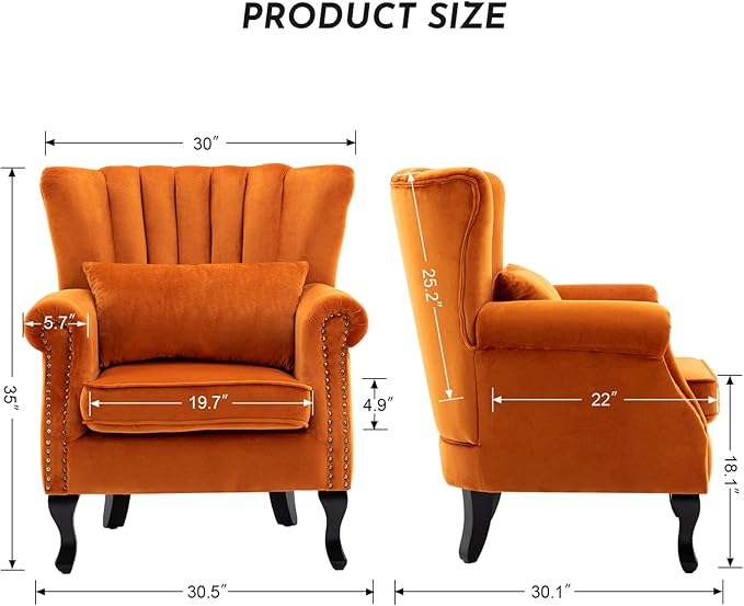 Accent Reading Arm Chairs Set of 2 Midcentury Modern Comfy Corner Sofa Chair Wingback Waiting Room Club Chair with Tufted Back for Living Room/Bedroom/Reception Room Velvet Orange
