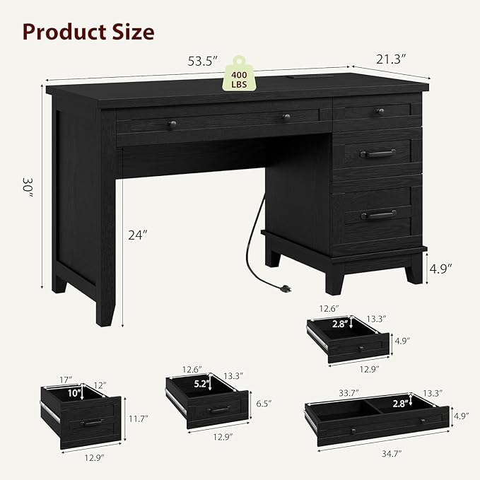 Farmhouse Home Office Desk with Power Outlets &amp USB Ports 53.5 Inch Writing Desk with Adjustable File Cabinet and Storage Drawers Executive Computer Desk for Study Workspace