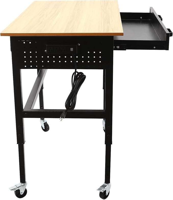 Mobile Standing Desk with Power Outlet Adjustable Height Rolling Workbench 2 Tier Computer Laptop Desk with Lockable Universal Wheels for Home Office Garage Easy to Assemble