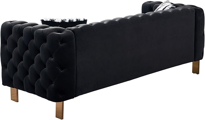 Chesterfield Modern Tufted Velvet Living Room Sofa with High Armrest and Metal Legs Decor 84.25''W 3 Seater Couch Couches Furniture for Bedroom Office (Black)