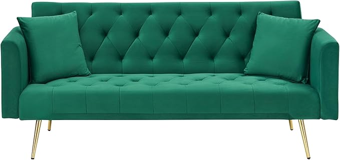 71 Modern Velvet Sofa Bed Futon Convertible Sleeper Couch with Adjustable Backrest Tufted Recliner Loveseat with Golden Chrome Legs &amp 2 Pillows for Small Spaces Living Room Apartment (Green)