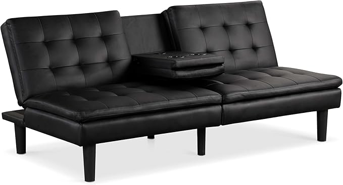 Furniture of America Fallein Modern Contemporary Wood 71.5-inch Futon Sofa Bed with Drop-Down Table Cup Holders USB-A Charger Biscuit Tufting for Bedroom Guest Room Black