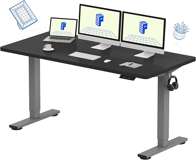 FLEXISPOT EN1 One-Piece Adjustable 60 x 24 Inches Stand Up Desk Workstation Electric Standing Desk with Seamless Desktop (Silver Frame + 60 inches Black Top 2 Packages)