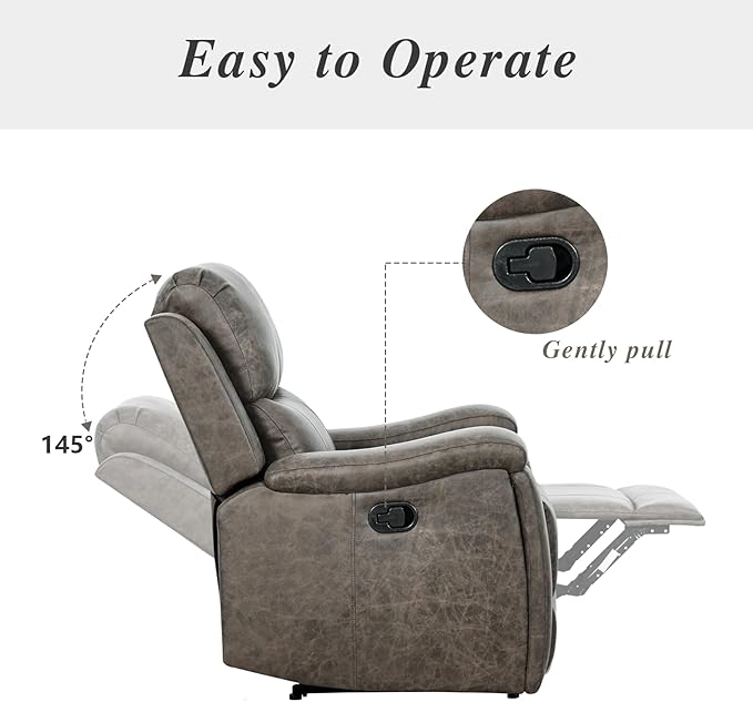 EBELLO Grey Recliner Chair Single Overstuffed Sofa Recliners Breathable Faux Leather Manual Reclining Chairs with Hidden Cup Holder Arm and Back for Adults Living Room Bedroom Grey