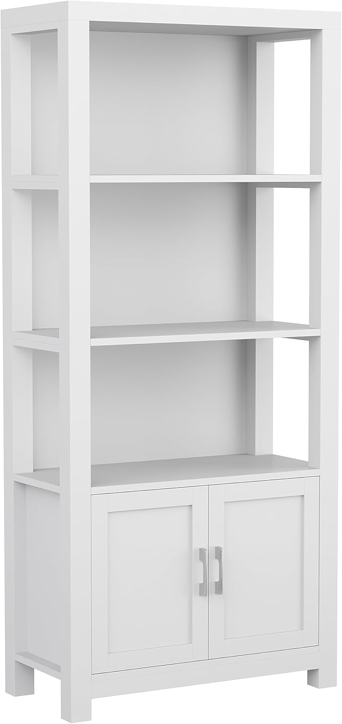 Martha Stewart Hutton Home Office Desk and Four Tier Bookcase Bundle in Gray with Brushed Nickel Hardware