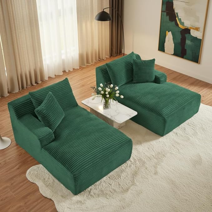 79 Double Chaise Lounge Chair Indoor: Oversized Comfy Corduroy Upholstered Boneless Couch with 4 Pillows for Living Room Bedroom and Apartment Deep Seat Sleeper Sofa 2-Seat Green
