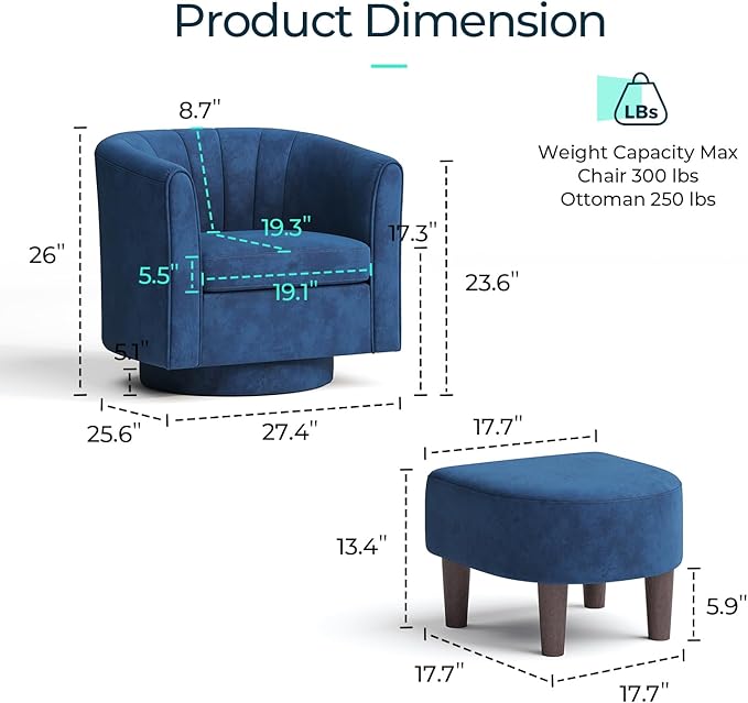 LINSY Swivel Accent Chair with Ottoman: Small Velvet Barrel Chair 360 Swivel Modern Armchair Upholstered Reading Chair with Footrest for Living Room Bedroom Study Room (Blue)
