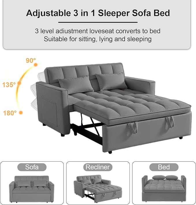 3 in 1 Pull Out Sofa Bed 52.75 Sleeper Sofa Bed with 3-Level Adjustable Backrest Velvet Fabric Loveseat Sleeper Couch for Living Room &amp Bedroom &amp Apartment &amp Dorm Furniture Dark Grey