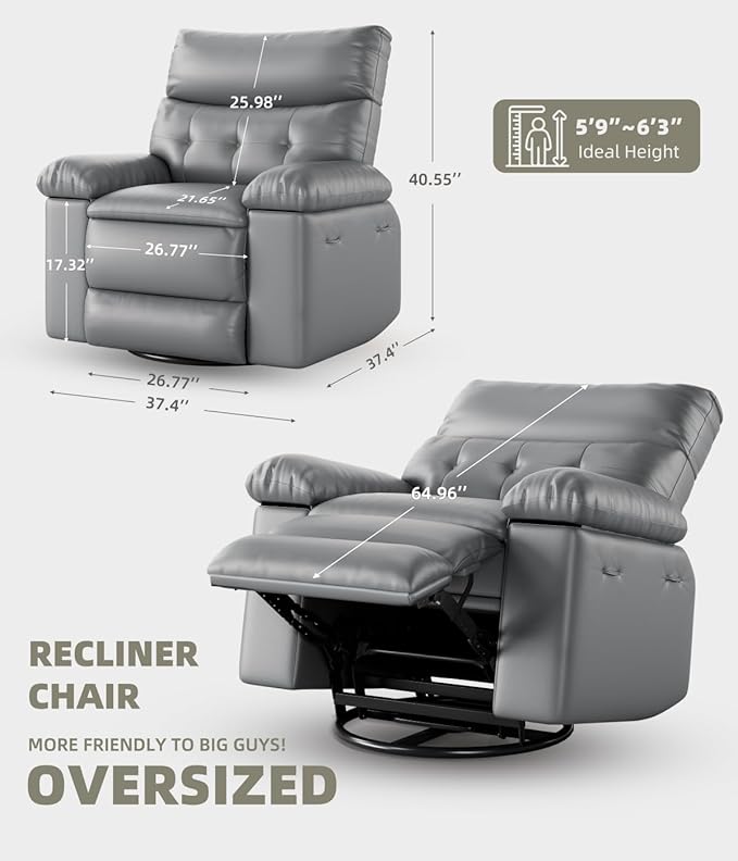 GarveeHome Oversized 27 Recliner Chairs Classic Manual Leather Recliner Home Theater Seating with Lumbar &amp Arms Support for Living Room Bedroom and Nursery - Grey