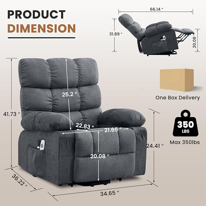 Power Lift Recliner Chair for Elderly with Heat and Massage Electric Recliners Single Sofa with Side Pocket and USB Charge Port for Living Room and Bedroom Comfort