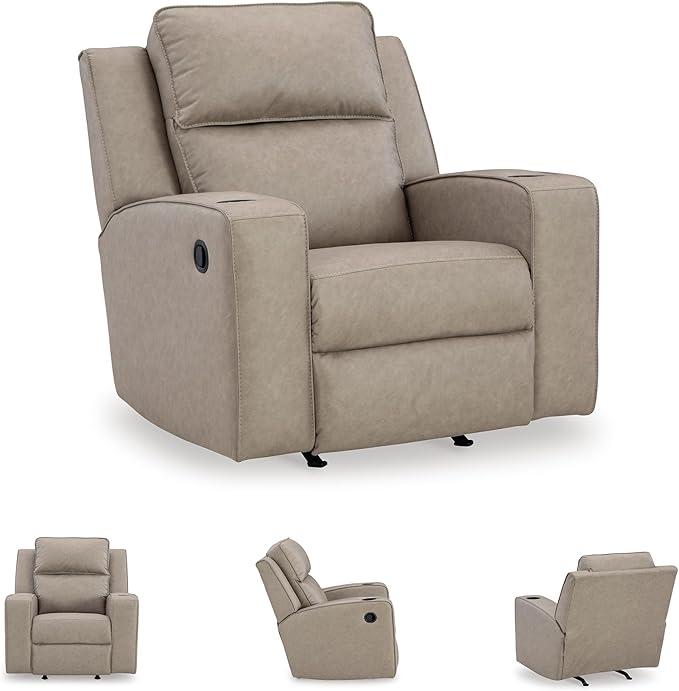 Signature Design by Ashley Lavenhorne Contemporary Faux Leather Upholstered Manual Rocker Recliner with 2 Cup Holders Beige